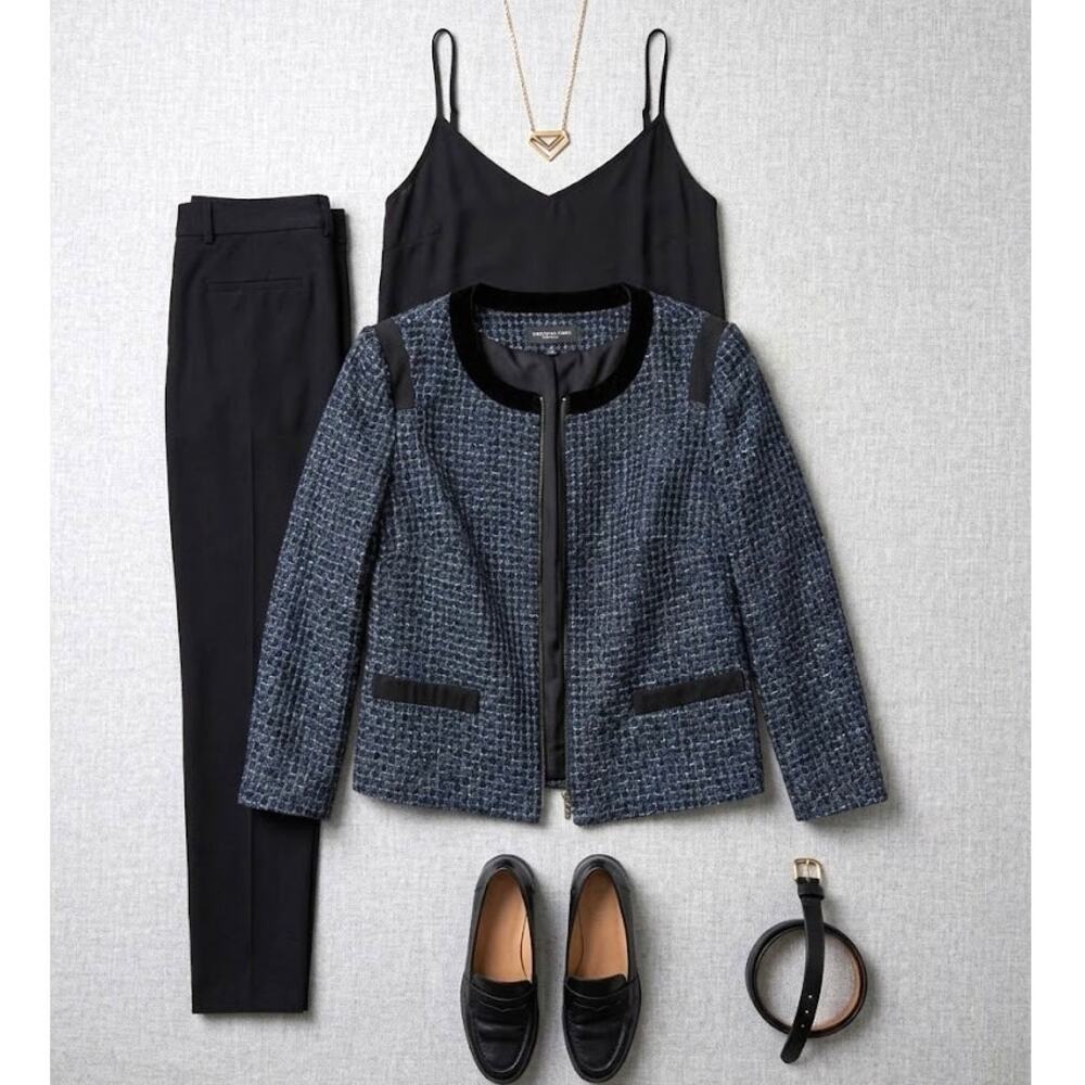 Full Zip Tweed Cropped Blazer 12 Ribbon Trim Navy Blue/Black Trendy Lady Jacket
